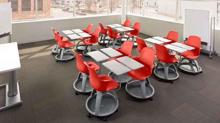 close-up of classroom chairs and desks