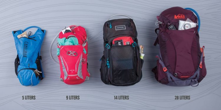 Various types of hiking backpacks and four different colours 5,9,14 and 28 liters