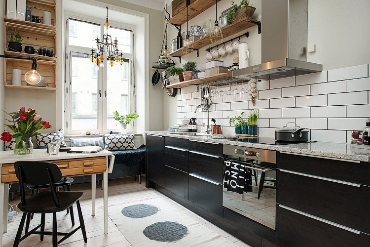 modern black and white kitchen with wooden accents 