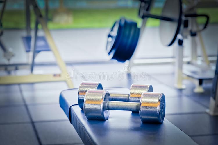 chrome dumbbells in a gym