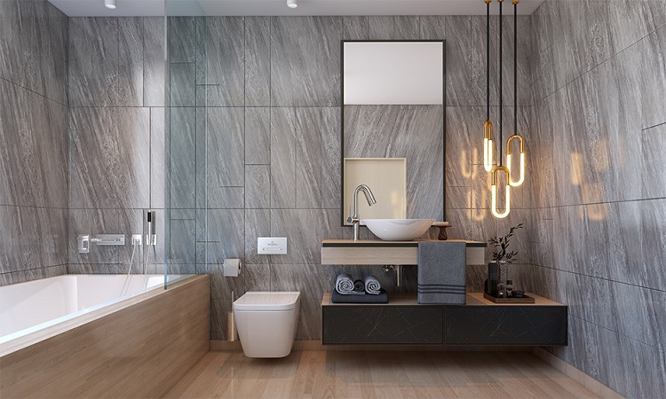 Well organised bathroom with minimalistic vanity lights