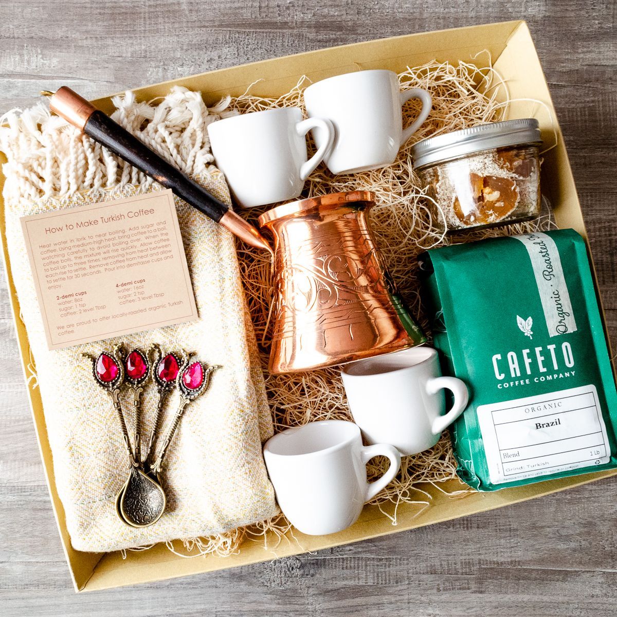 coffee gift packs with coffee beans, turkish coffee pot, teaspoons and four cups
